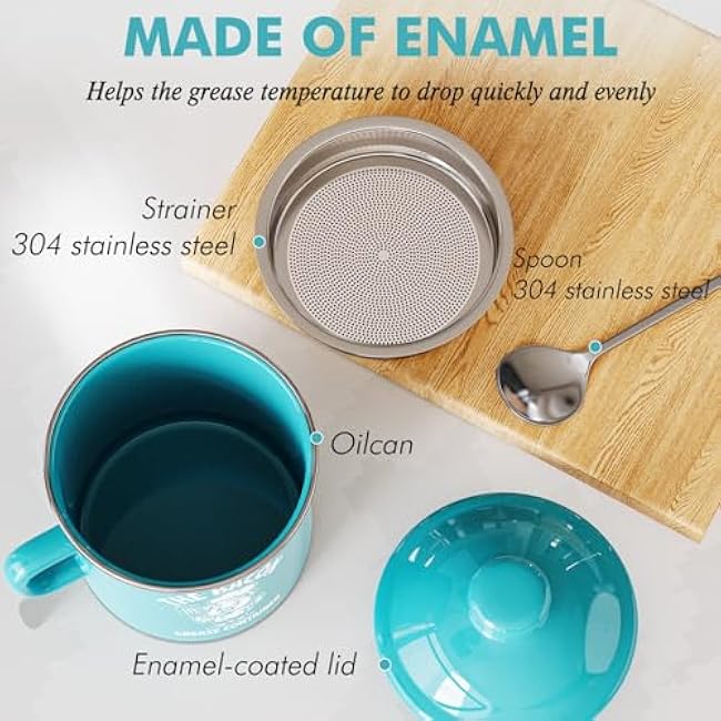 PGYARD Mini Bacon Grease Saver With Strainer - 15OZ Enamel Grease Container, Farmhouse Bacon Grease Keeper For Kitchen Fat Storage, Dishwasher Safe-Light Blue