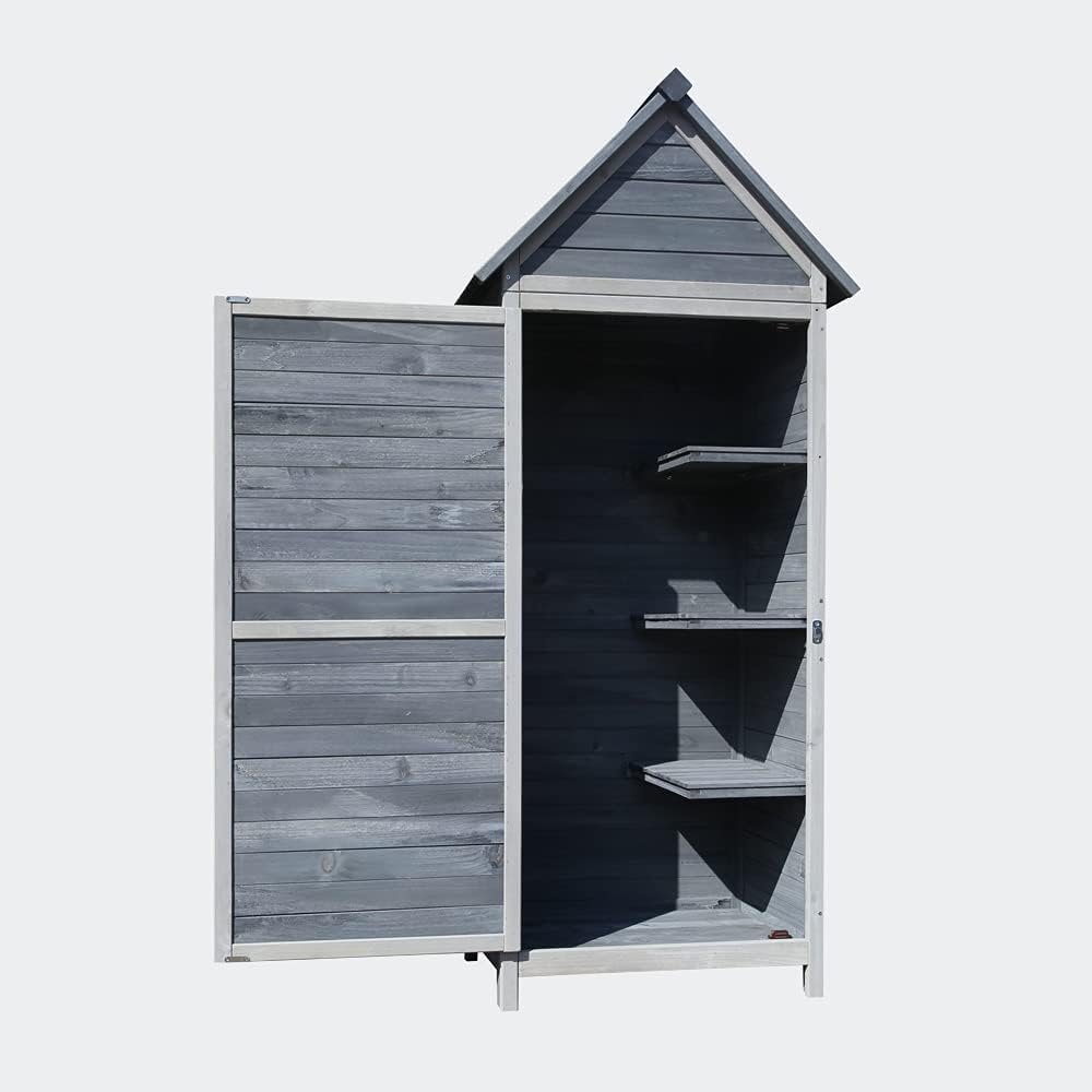 Armario para jardín de madera de color gris claro 77x53x179cm, con tejado a dos aguas y puerta