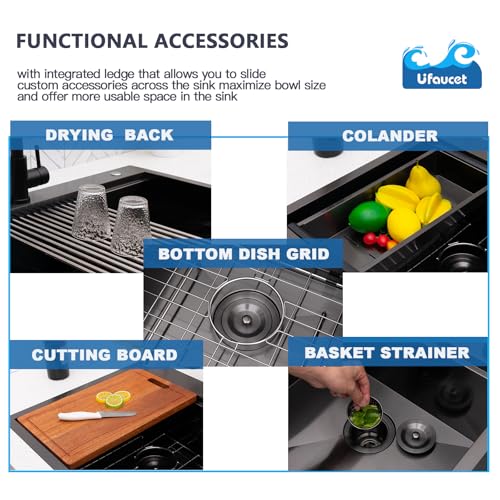 Image of 33 Inch Drop in 60 /40 Double Bowl Kitchen Sink Black, 33x22 Inch Gunmetal Black Drop In Kitchen Sink Ledge Workstation 16 Gauge Stainless Steel Topmount Dual Basin with Cutting Board