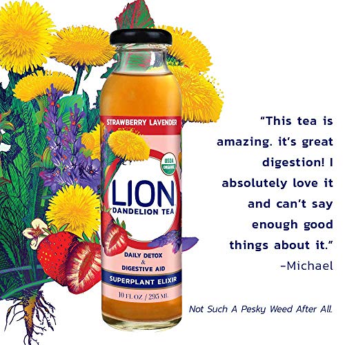 LION Organic Bottled Dandelion Tea | Immunity Booster - Prebiotic Tea Full of Antioxidants | Strawberry Lavender | 12 Pack