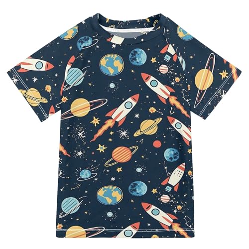 Cartoon Space Rockets with Planets Star Bathing Suit Girls Sun Protection Basketball Shirt Swimwear Beach Tops 3T