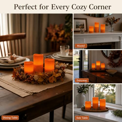 Image of Rhytsing Burnt Orange Real Wax Flameless Candles with Timer for Fall, 3 Pcs