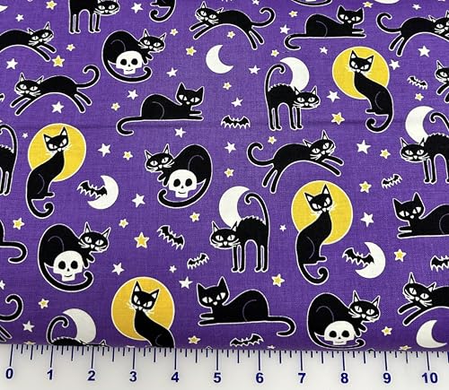 Cotton Fabric Glow-O-Ween Halloween Spooky Cats Purple 12956G-66 by The Yard