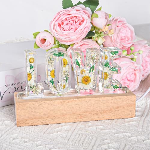 Image of Floral Letter LED Night Light: Resin Dried FlowerLetters Lamp with USB - Handmade Pressed Flower Nightlight Unique Customized Gift for Home Decoration (TP-White Flower, 1)