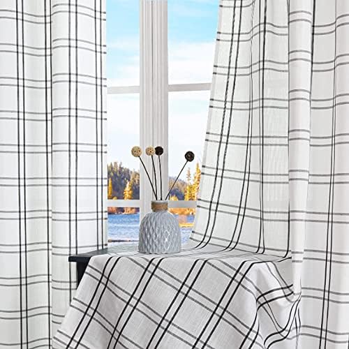 Amzdecor Plaid Window Treatment Set,Light Filtering Curtain Woven Lines Pattern Drapes for Living Room and Bedroom, Semi Sheer Rod Pocket Modern Farmhouse Style 2 Panels 40″x54″,Black&White.