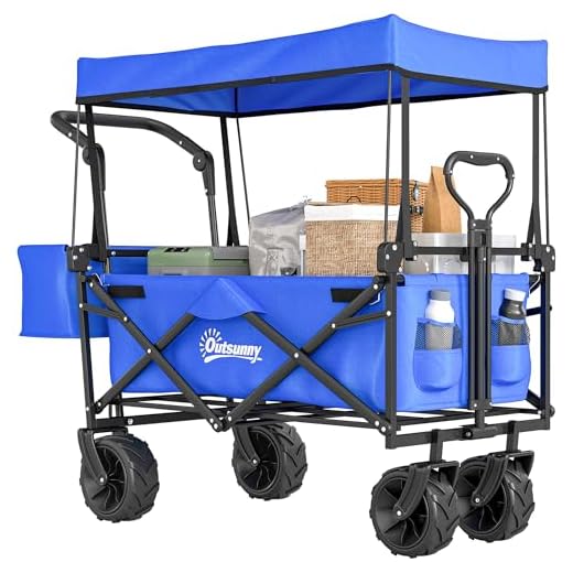 Outsunny Chariot Pliant avec Toit, poignée, Panier - Chariot de Plage - Chariot de Transport Pliable Tout-Terrain métal Noir Oxford Bleu