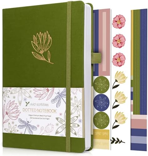 VIVID SCRIBBLES Dotted Journal – 160gsm No Bleed Thick White Paper – 200 Numbered Dot Grid Pages – a5 Dotted Bullet Notebooks Includes a Gift Box and Journal Stickers