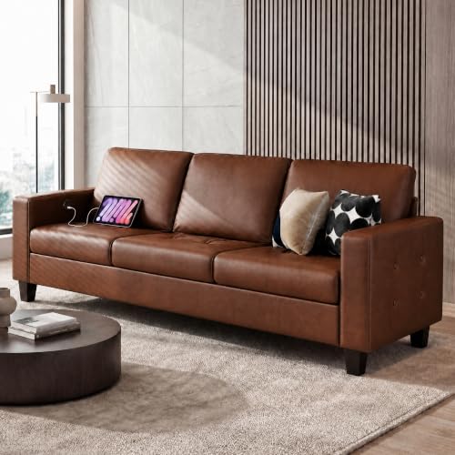 Image of STHOUYN 73 inch Brown Faux Leather Couch, Comfy 3 Seater Sofa