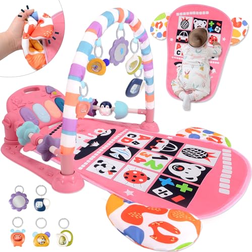 TAMOIE Baby Play Gym for 0-6 Months, High Contrast Tummy Time Mat, Kick and Play Piano, Music and Lights, Newborn Gifts for Girls, Pink