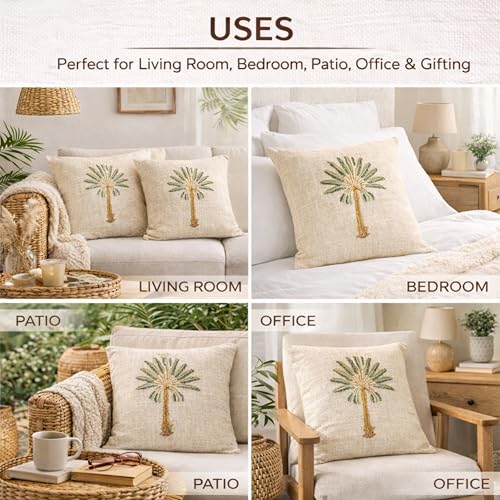Image of Premium Palm Tree Cotton Jute Square 16x16 Inch Cushion Cover 40x40 cm Throw Pillow Cover for Living Room Couch Diwan Sofa, Beige (Set of 1)