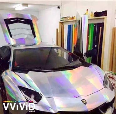 Miniatura 5 de VViViD Rollo de vinilo holográfico plateado con acabado de arco iris, película adhesiva de liberación de aire (1.49 pies x 5 pies)