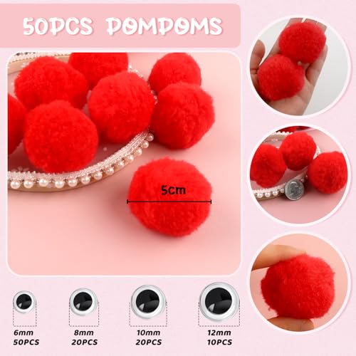 TOAOB 50pcs Pom Poms 50mm Large Fluffy Red Fuzzy Pompoms Balls with Wiggle Eyes for DIY Crafts Decorations - Image 2
