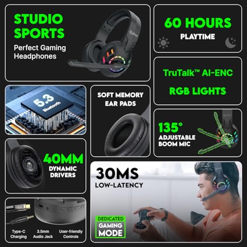 Image of pTron Studio Sports Wireless BT Gaming Over-Ear Headphones, 30MS Low-Latency for Thrilling Gaming Experience, RGB Lights, Boom HD Mic w /AI ENC, 60Hr Playtime, Punchy Sound, Type-C Fast Charging(Sable)