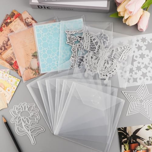 Image of Briartw 50 Pack Storage Envelopes,Clear 6.4x6.4 Resealable Plastic Envelopes Pockets for Cutting Dies Stencil Crafts Organizer Holder,Storage Bag for Clear Stamp,Die Cuts,Scrapbook Paper,Photos