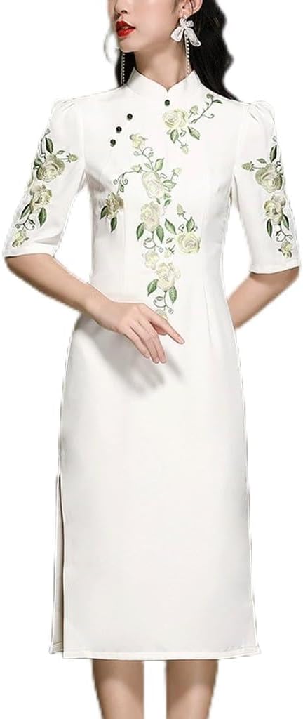 Chinese Embroidered White Stand Collar Dress National Improved Young Cheongsam
