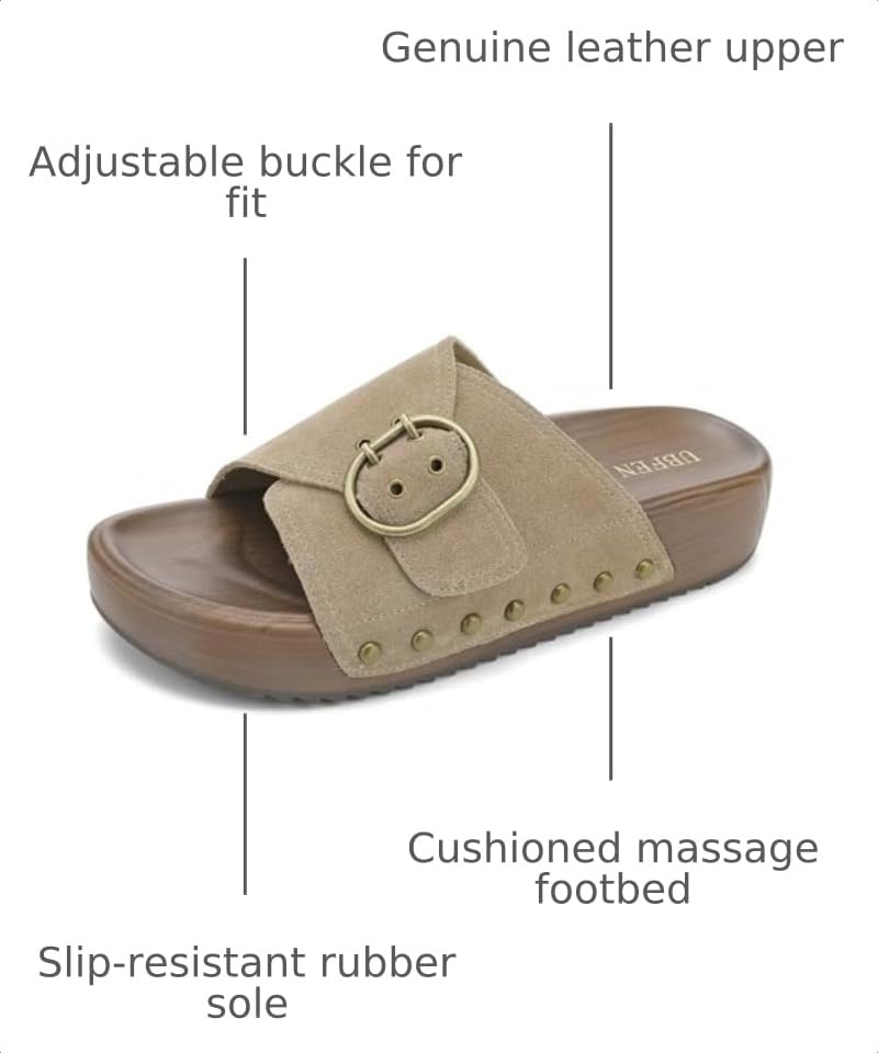 Image of UBFEN Womens Platform Slide Sandals | Real Leather,Buckle Sandals with Cushioned Flatform Footbed,Comfortable for Walking,Arch Support,Casual Styling