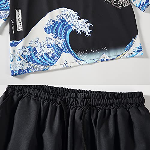 Image of PRIJOUHE Mens Kimono Set Japanese Haori & Shorts 2 Piece Summer Outfits | Silky Polyester 3 /4 Sleeve Yukata Cardigan Suit Loose Happi Coat Elastic Waist Beach Casual Daily Vacation Lounge Sleepwear