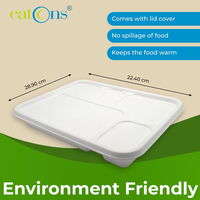 EATONS 5-Compartment Bagasse Disposable Plates with Lid | Eco-Friendly Biodegradable Sugarcane Paper Plates | Thali | Serve Dinner | Birthday Party, Wedding, Bhojanam | Rectangular | White (100 Pack) 2