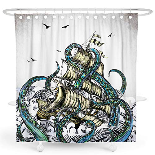 DESIHOM Octopus Duschvorhang Kraken Duschvorhang nautischer Duschvorhang Ozean Duschvorhang Meeresleben Anime Duschvorhang Cool Duschvorhang Segelboot Polyester Wasserdicht Duschvorhang 62x72 Cover