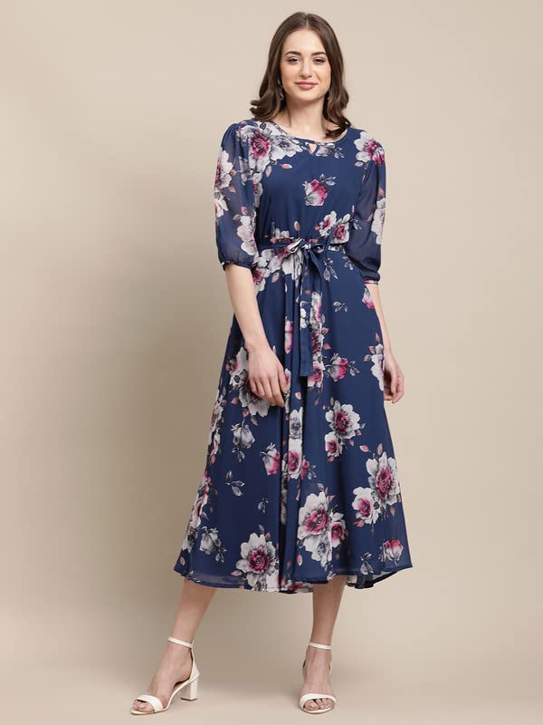 Preneum Women's Maxi Fit & Flare Latest Style Print Georgette Regular Sleeves Casual Summer Maxi Dress || Festival & Occasion, Light Blue, 2Xl