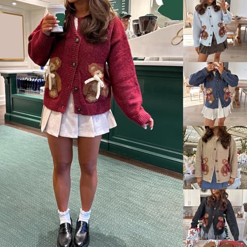 Y2K Button Down Cardigan Sweater for Women Long Sleeve Cute Bow Bear Open Front Cropped Knit Cardigan Coat Outwear2