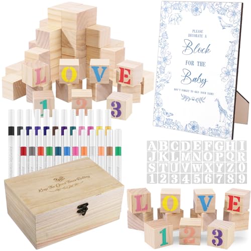 114Pcs Baby Shower Games Kit 52 Blank Wooden Baby Shower Blocks 24 Acrylic Paint Marker 1 Wooden Sign 1 Storage Box and 36 Templates for Baby Shower Decorations