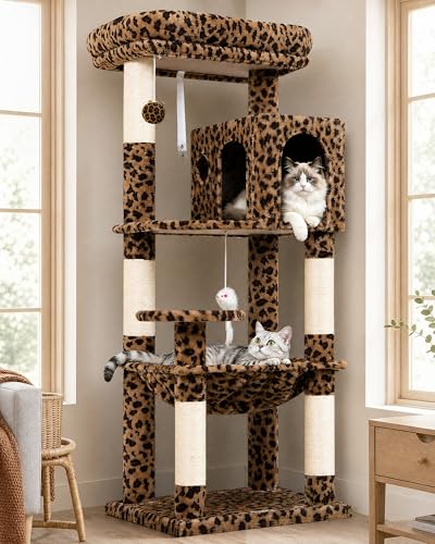 Globlazer Leopard Cat Tree Tower with Scratching Post for Indoor Cats 53in Plush Multi-Level Cat Climbing Tower Condo House with Large Hammock Spacious Cat Cave Padded Top Perch F53 Leopard Print