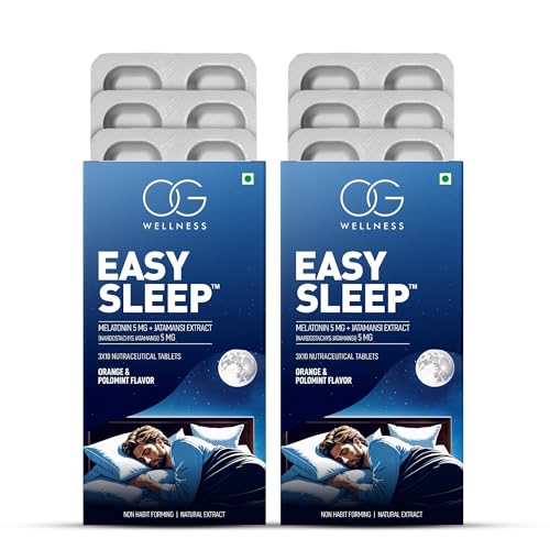 Image of OG WELLNESS Easy Sleep - Melatonin 5mg with Jatamansi Extract | Natural Sleep Aid Chew Mints | Non-Habit Forming | Orange & Polomint Flavor | 60 Mints for Relaxation & Deep Rest | Pack of 2