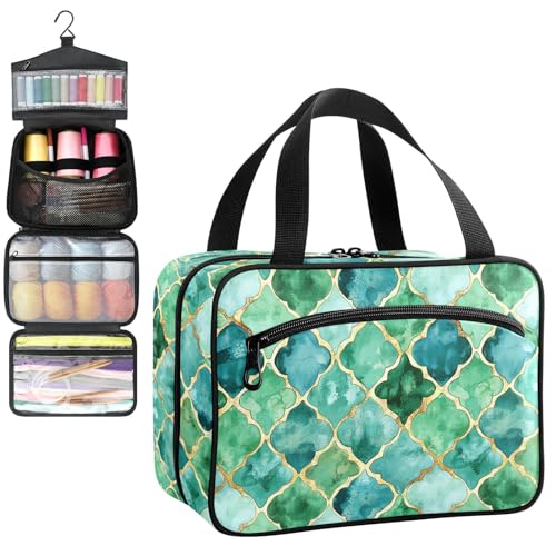 YNNALE Sewing Supply Organizer Bag, Teal Green and Gold Moroccan Tile Portable Sewing Bags with Pockets&Hanger, Sewing Storage Box Case for Sew Supplies/Kit/Tools/Accessories (BAG ONLY)