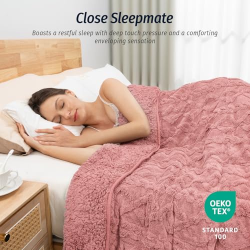 Image of Wemore Weighted Blanket for Adults Twin Size 15 lbs, Dual Sided Soft Fuzzy Jacquard Sherpa Weighted Blankets, Cozy Fluffy Knitted Heavy Blanket, Apricot Pink, 60 x 80 inches