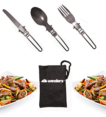 Wealers Stainless Steel 3 Piece Folding Camping Picnic Cutlery Utensil Set, Spoon Fork Knife,