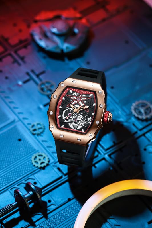 Image of Giordano Analog Skeleton Dial Watch for Men - Tonneau Case, Silicone Strap, Open-Gear Sport Design, Quartz Movement