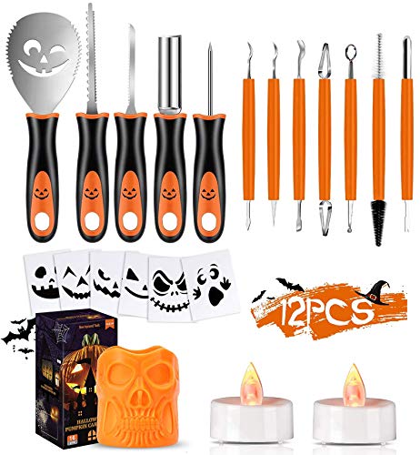 GUUKIN Halloween Pumpkin Carving Tools Kit, Professional Stainless Steel Pumpkin Cutting Supplies Knife Sets for Halloween Decoration jack-o-lanterns for Kids & Adults (12 piece set)
