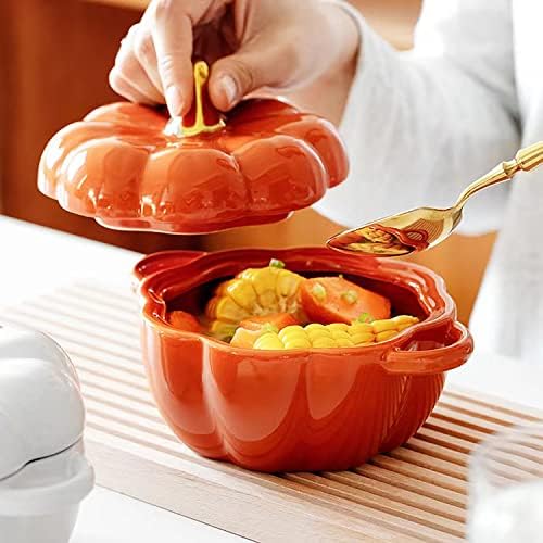 Pumpkin Bowl Set with Lid and Handle, Set of 2 Ceramic Ramekins for Baking, Casserole Dish Individual Severing Pot, Stoneware, Oven Safe, 14 Oz (Orange) - Thumbnail 4