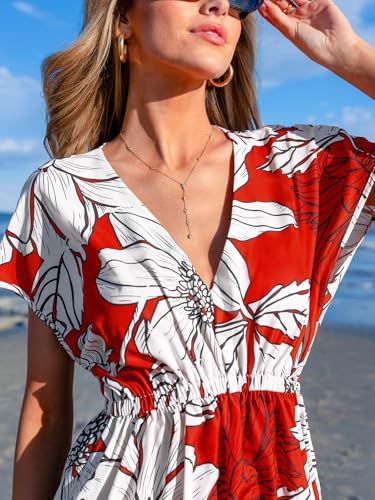 Image of CUPSHE Women's Swimsuit Coverup Casual V Neck Beach Dress Short Sleeve Elastic Waist Swimwear Cover Ups 2026 Beachwear