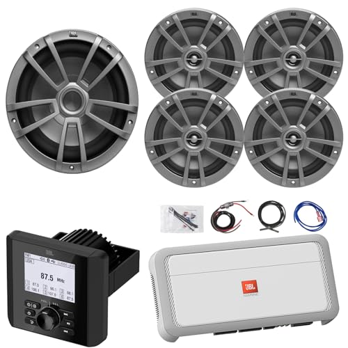 Bluetooth Radio IP66 Multi-Element Digital Media Marine Audio Receiver, 4X 6.5 180W Peak 2-Way Multi-Element Gray Boat Speakers, 10