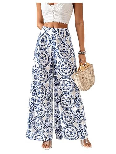 Floerns Women's Plant Straight Leg Pants Elastic High Waisted Summer Palazzo Trousers