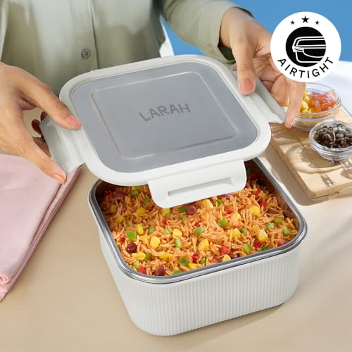 Image of Larah by BOROSIL Freshbyte Food Storage Container with Airtight Stainless Steel Lid | Fridge Container for Lunchbox | Food Grade | Microwave Safe (Grey, 1600 ml, Square)
