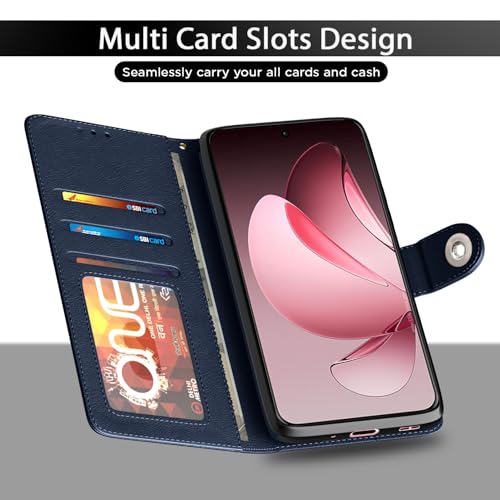 Image of Pikkme Flip Cover Leather Finish | Inside TPU with Card Pockets | Wallet Stand and Shock Proof | Complete Protection Button Flip Case for Oppo Reno 13 Pro 5G(Blue)