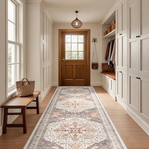 Tortania Area Rug 3x10 Runner Rugs - Washable Vintage Oriental Farmhouse Thin Indoor Carpet for Living Room Bedroom Hallway Entryway Kitchen Under Dining Table Home Office - Orange Multi