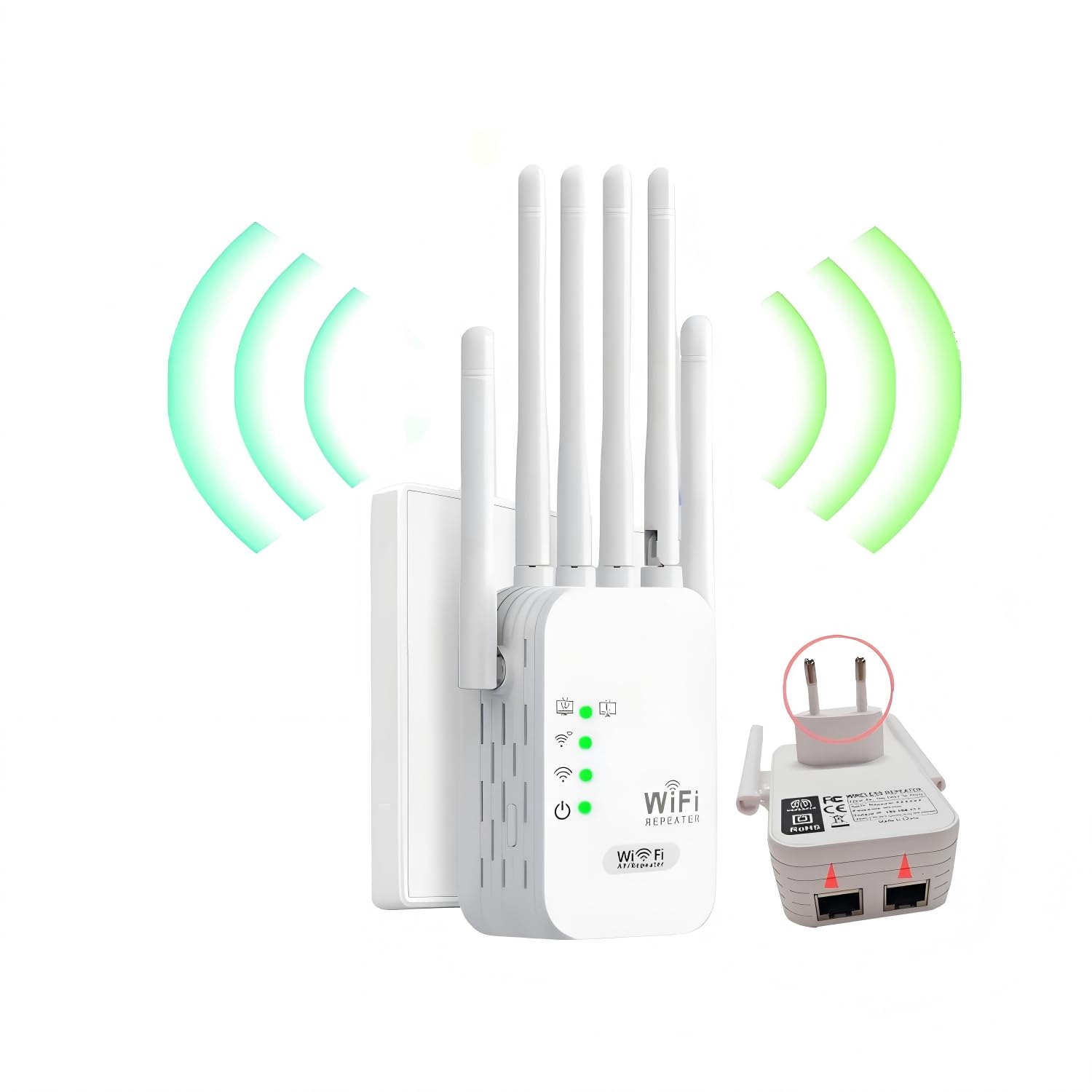 Repetidor WiFi,Amplificador señal WiFi, 6 Antenas, 2 Puertos LAN, repetidor de WiFi/Extensor WiFi, Cobertura de hasta 1200 Metros Cuadrados,Adecuado para oficinas y hogares, fácil de Instalar