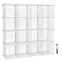 SONGMICS 16 Cube Metal Wire Storage Organiser, DIY Closet Cabinet and Modular Shelving Grids, Wire Mesh Shelves and Rack, White LPI44W