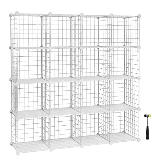 SONGMICS Scaffale a 16 Scomparti di Griglia Metallica, Organizzatore Modulare ad Incastro con Pannelli di Plastica PP, per Libri Scarpe Vestiti, Soggiorno Bagno, 31 x 123 x 123 cm, Bianco LPI44W