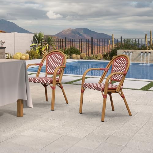 Image of PURPLE LEAF Outdoor French Bistro Armchairs Set of 2, Bamboo Finish, Red