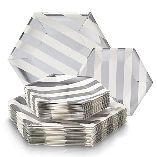 PARTY DISPOSABLE 432 PC DINNERWARE SET | 216 Dinner Plates | 216 Side Plates | Heavy Duty Paper Plates | Hexagon Design | for Upscale Wedding and Dining (Stripe Collection â€“ White/Silver)