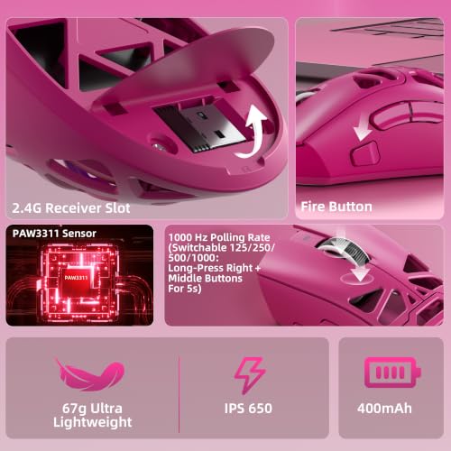Image of Aula SC620 Wireless Gaming Mouse, Tri-Mode 2.4GHz /USB-C /BT5.3 Computer Mouse with 12000 DPI, Programmable Macro Gamer Mouse with Rapid Fire Key, RGB Light Gaming Mice for PC /Laptop /Mac(Hot Pink)