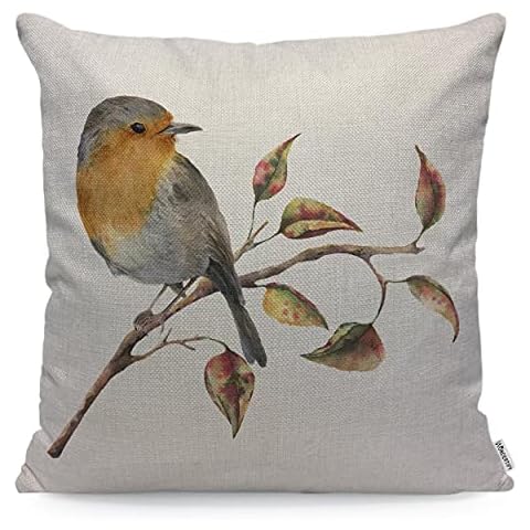 WONDERTIFY Robin Cushion Cover Watercolor Tree Branch Red Yellow Leaves Autumn Bird Fall White Nature Decorative Throw Pillow Covers For Couch, Bed Sofa Pillows Case 45X45 Cm Cover