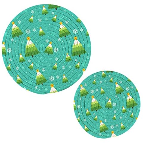 JUMBEAR Christmas Trees Snowflake Trivets Pot Holders and Placemats Set 2PCS, Hot Pads, Table Mats for Cooking and Baking, 100% Cotton Braided Hot Pads 7in+9in Cover