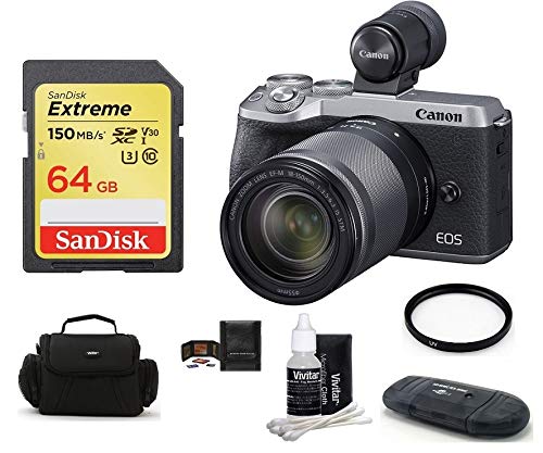 Canon EOS M6 Mark II Mirrorless Digital Camera (Silver) with 18-150mm Lens and EVF-DC2 Viewfinder 64GB 7 Piece Bundle