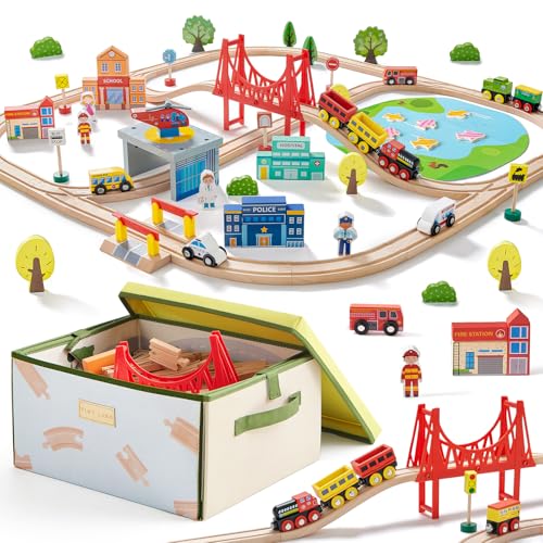 Tiny Land 110pcs Wooden Train Set with Folding Storage Box, Wooden Train Track Toy for Boys & Girls, Age 3-7, Includes Convenient Storage 110PCS Train Set & Folding Storage Box